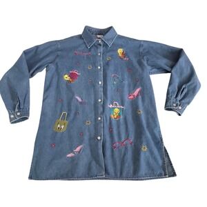 Vintage Y2K Warner Bros Looney Tunes Tweety Bird Denim Shirt women Size M